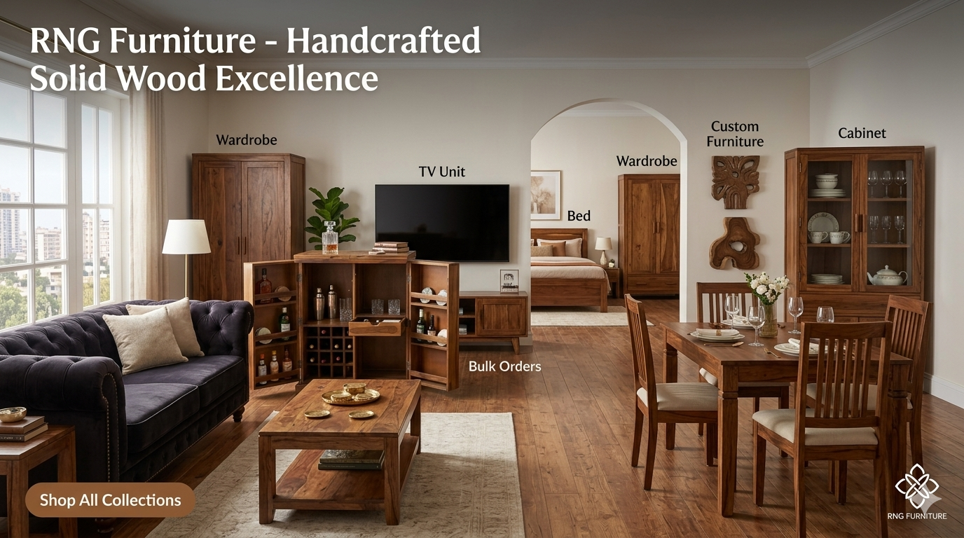 Handcrafted solid wood furniture by RNG Furniture including custom TV units, beds, and premium cabinetry for home decor.