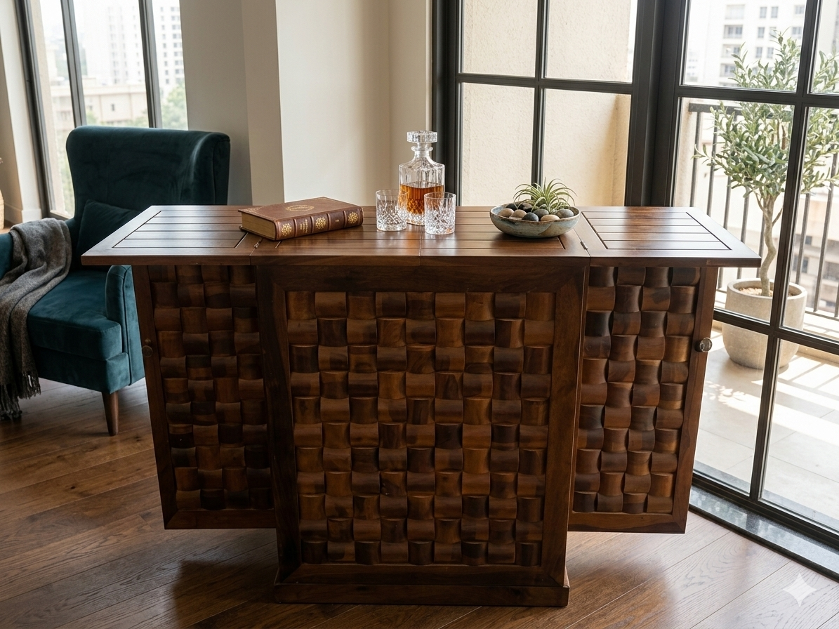 Solid Wood Expandable Home Bar Cabinet with Built-in Wine Rack & Door Storage | Elegant Home Decor Furniture - Image 3