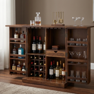 Solid wood expandable home bar cabinet with wine rack and door storage shelving in a modern living room setting.