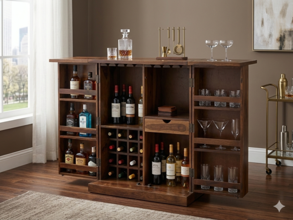 Solid wood expandable home bar cabinet with wine rack and door storage shelving in a modern living room setting.