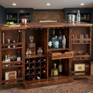 Solid wood expandable home bar cabinet with wine rack and door storage shelving in a modern living room setting.