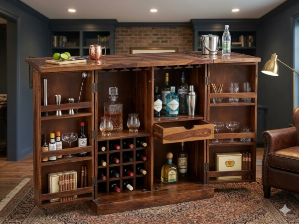 Solid wood expandable home bar cabinet with wine rack and door storage shelving in a modern living room setting.