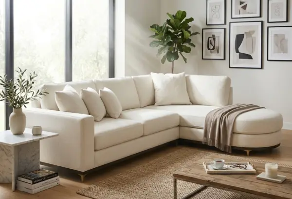 Aurora L-Shaped Sectional Sofa – Premium Cream Fabric with Integrated Chaise